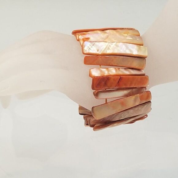 Abalone Mother of Pearl Shells Bracelet Tropical Boho Beach Stretch Orange Lust - Picture 5 of 10